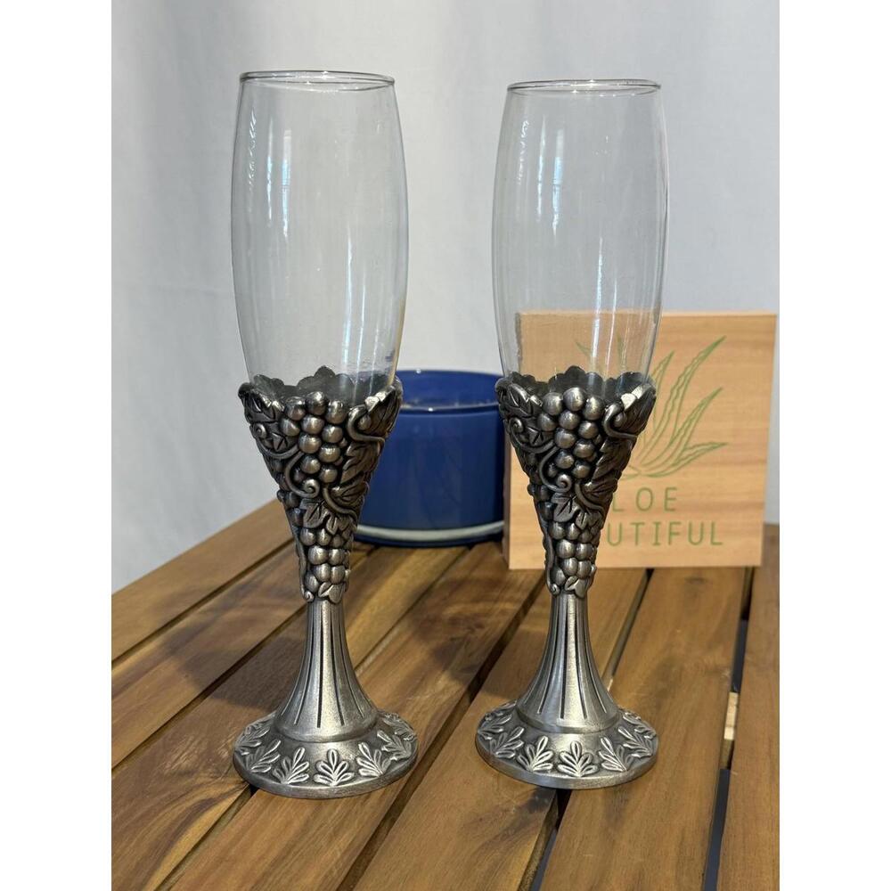 Vintage Pewter Grapevine Champagne Flutes Set of 2 Ornate Wedding Toast Glasses